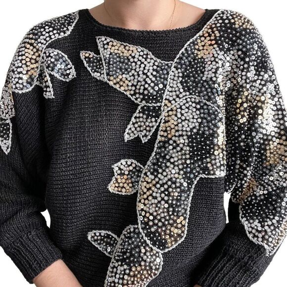 Vintage 80s Womens Black Metallic Sequen Hand Knit Retro Disco Sweater Sz M - Picture 9 of 10